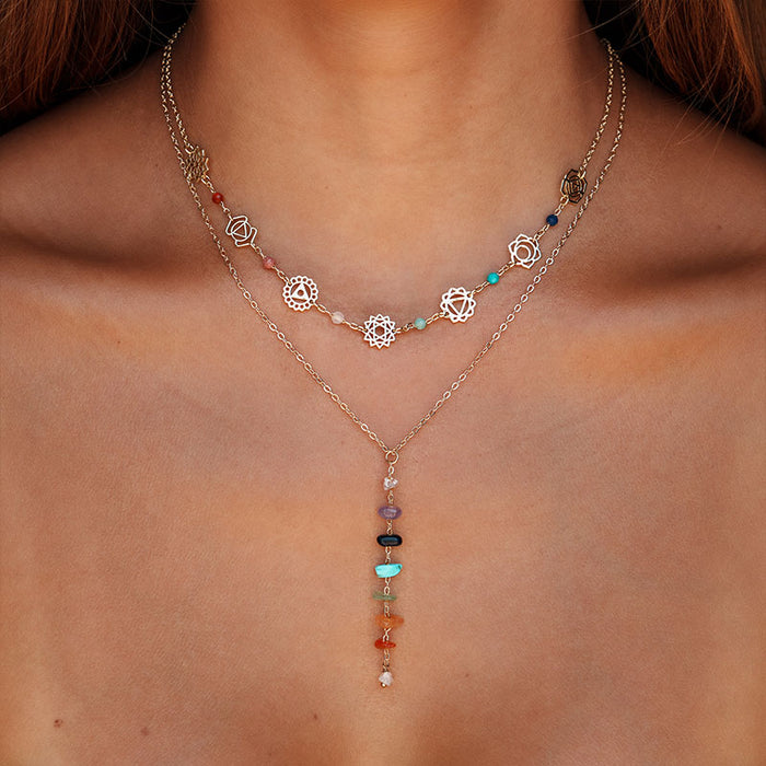 7 Chakra Raw Stone Jewelry Bundle, layered on neck