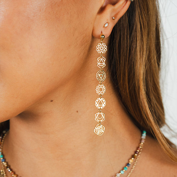 7 Chakras Drop Earrings, on ear gold