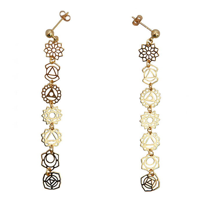 7 Chakras Drop Earrings, flat lay gold