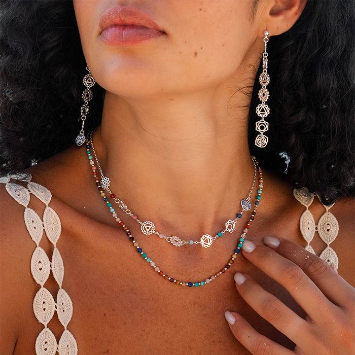 7 Chakras Drop Earrings, worn with necklace silver
