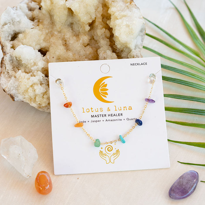 7 Chakras Raw Stone Chain Necklace, on display card