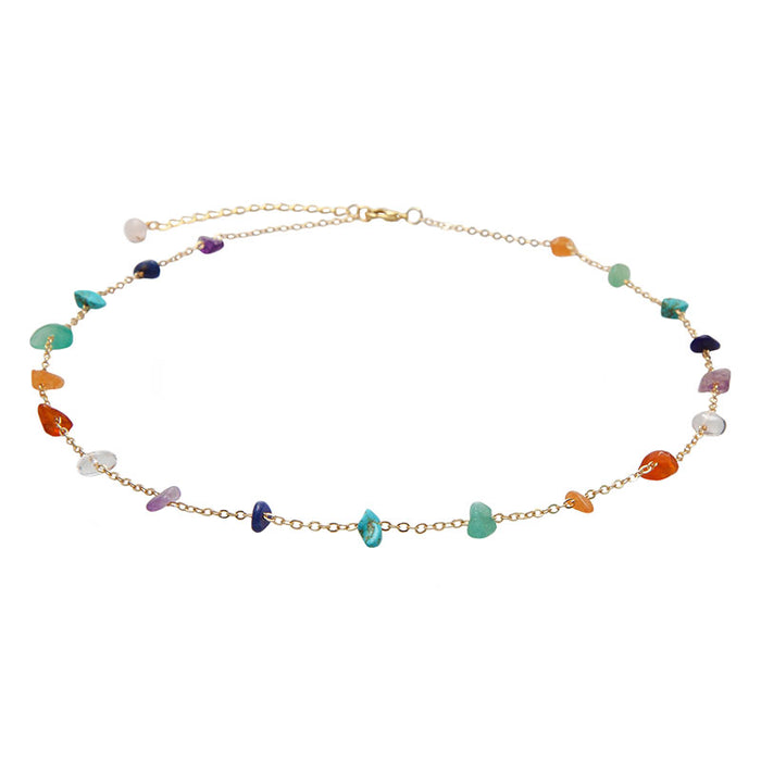 7 Chakras Raw Stone Chain Necklace, flat lay gold chain