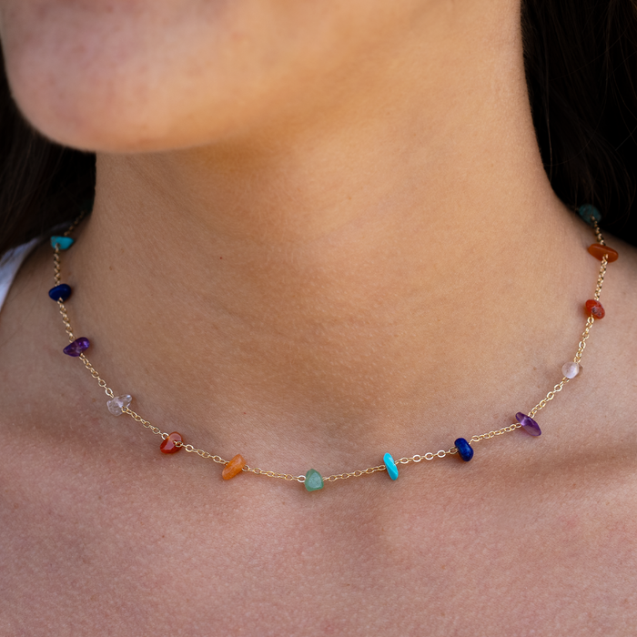 7 Chakras Raw Stone Chain Necklace, worn on the neck