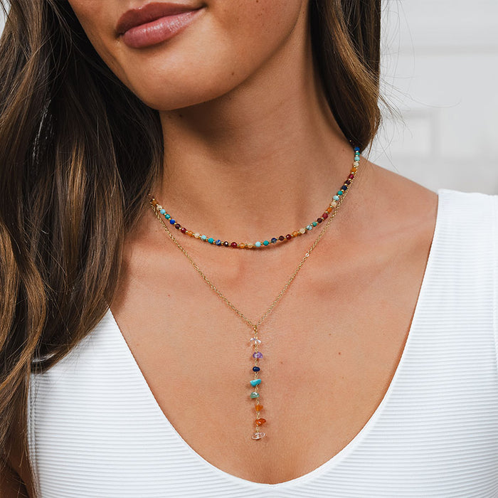 7 Chakras Raw Stone Healing Necklace, on neck