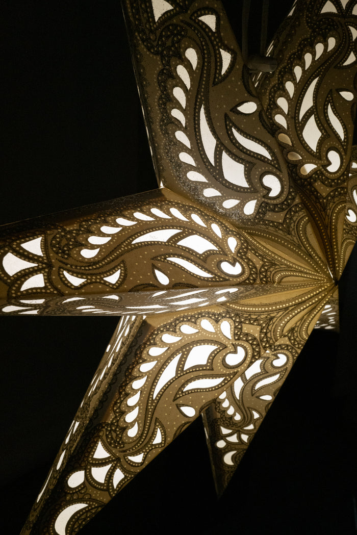 A close up image of a glowing white paper star lantern with an intricate design illuminated in a dark room. Light kit sold separately.