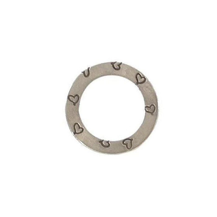 Silver charm featuring etched hearts, circular design.