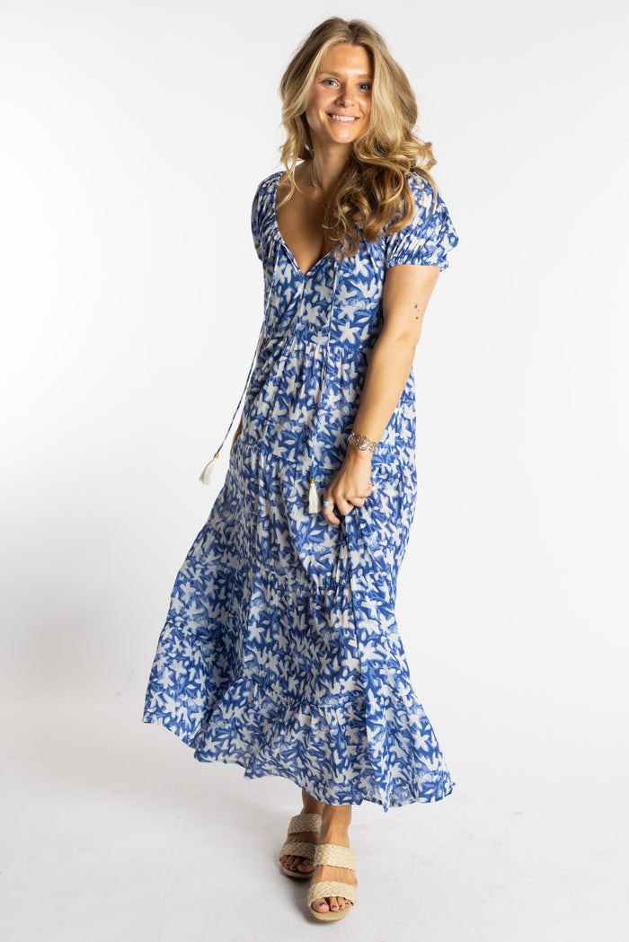 Sophie is wearing the size S/M Blue floral Amara Cotton Maxi Dress