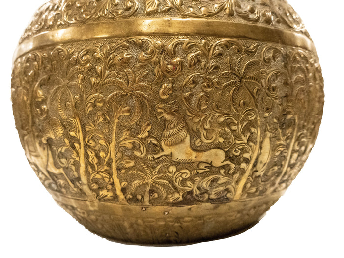 Asian Brass Hand Etched Offering Bowl Jardiniere Art Objects