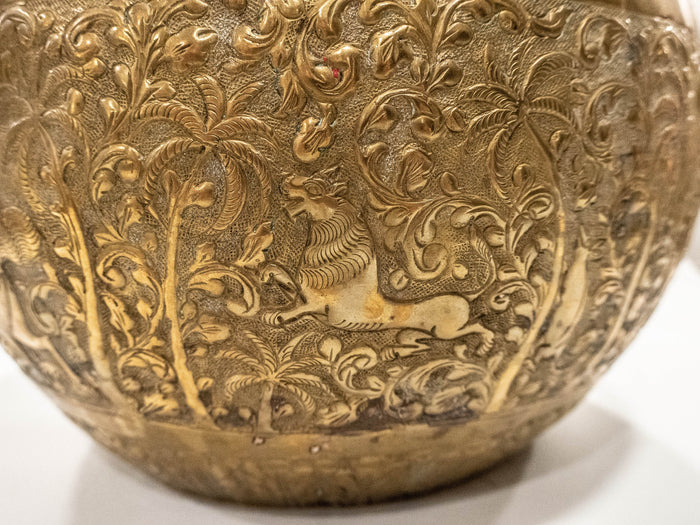 Asian Brass Hand Etched Offering Bowl Jardiniere Art Objects