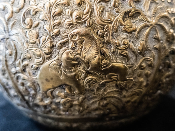 Asian Brass Hand Etched Offering Bowl Jardiniere Art Objects