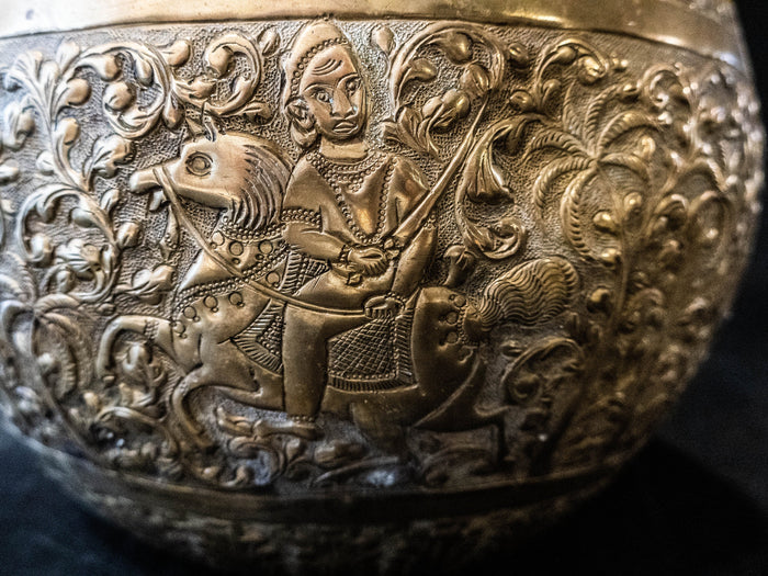 Asian Brass Hand Etched Offering Bowl Jardiniere Art Objects