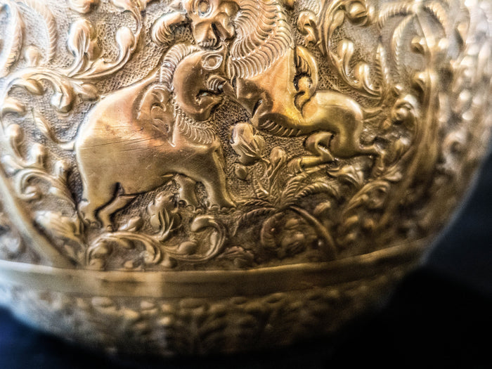 Asian Brass Hand Etched Offering Bowl Jardiniere Art Objects