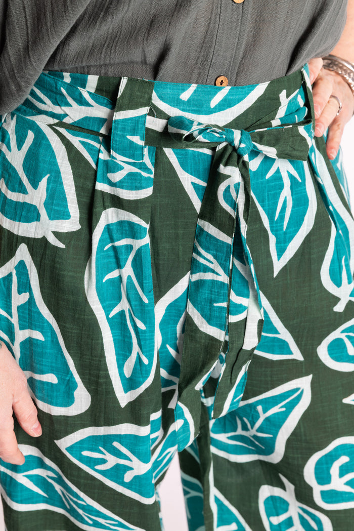 Susan is wearing the L/XL green leaf Wide Leg Boho Cotton Pants