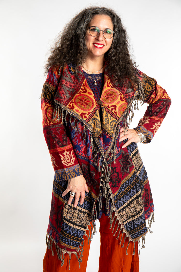 Susan wearing the Red multicolored patterned blanket jacket