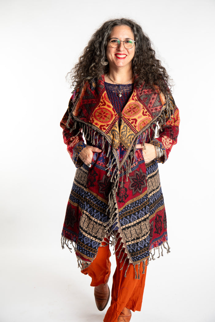 Susan wearing the Red multicolored patterned blanket jacket