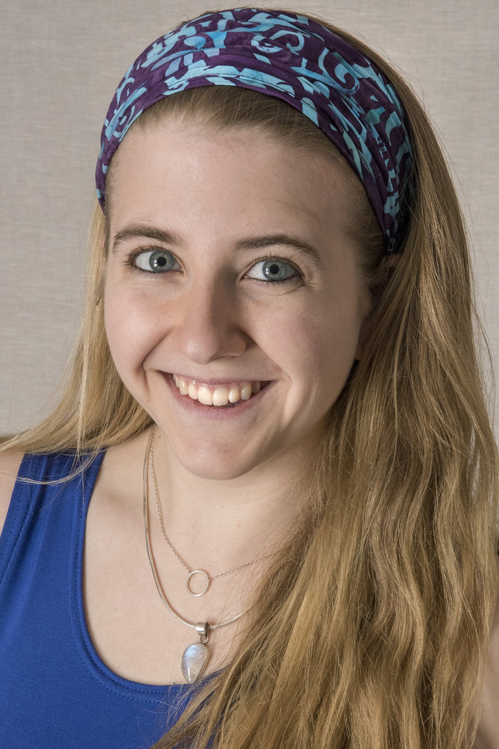 Shelly wearing a Purple batik one of a kind headband