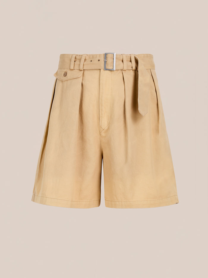 Found’s Belted Twill Pleated Shorts feature chic pleats, a belted waist, and side button detail in tan twill—utility style displayed against a plain beige background.