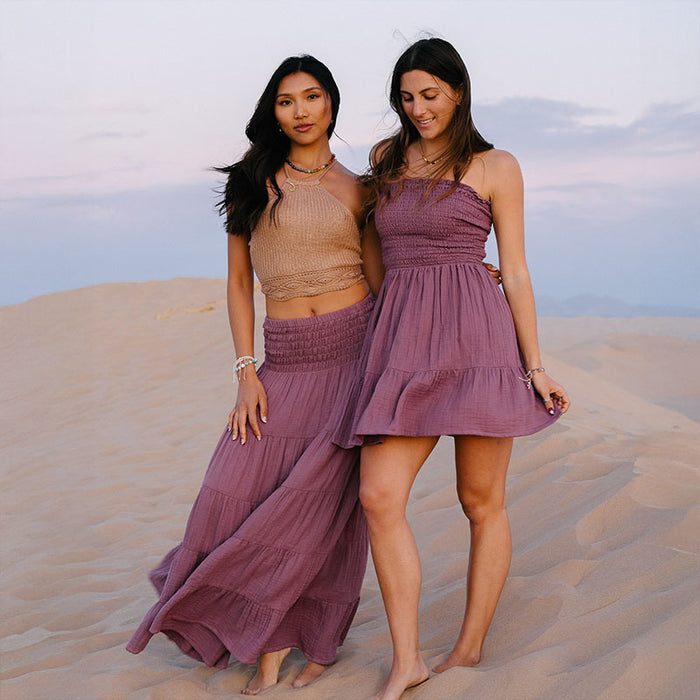 Berry Daiquiri Dress, worn with model on dunes