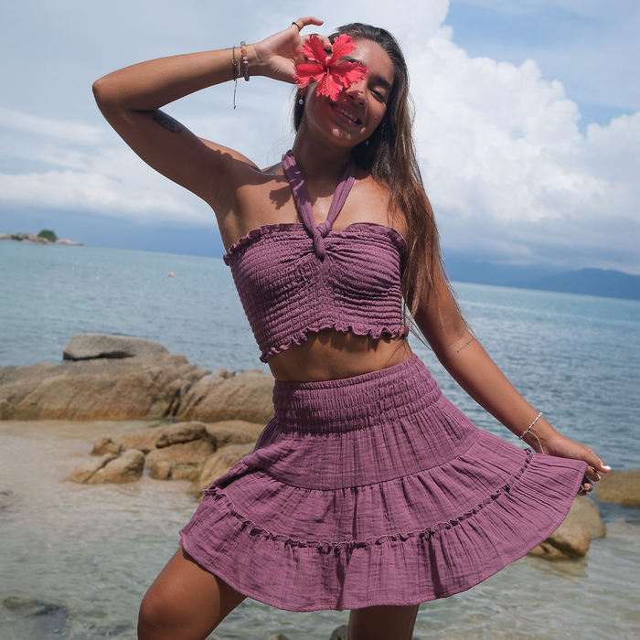 Berry Sea Breeze Skirt, worn on the beach twirling