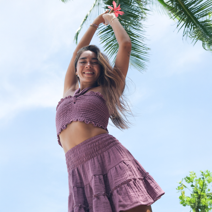Berry Sea Breeze Skirt, worn arms up
