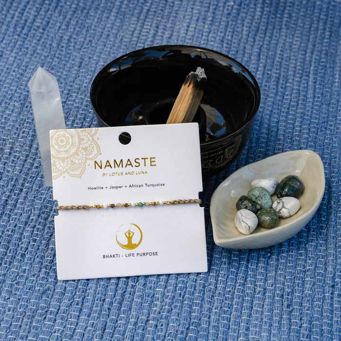 Bhakti Namaste Bracelet, on card with crystals