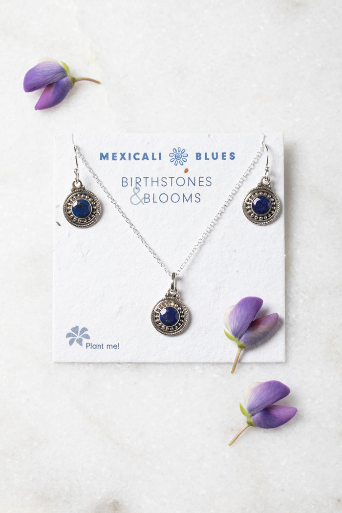 Birthstones and Blooms Gift Set shown is month September and stone Lapis