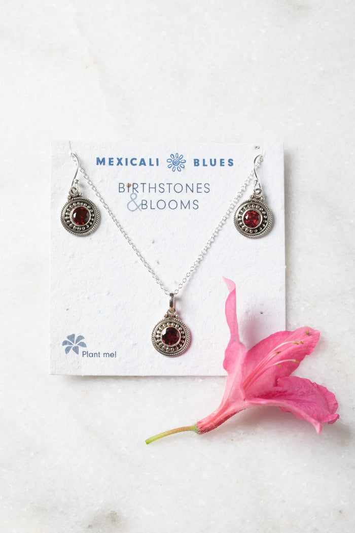 Birthstones and Blooms Gift Set shown is month January and stone Garnet