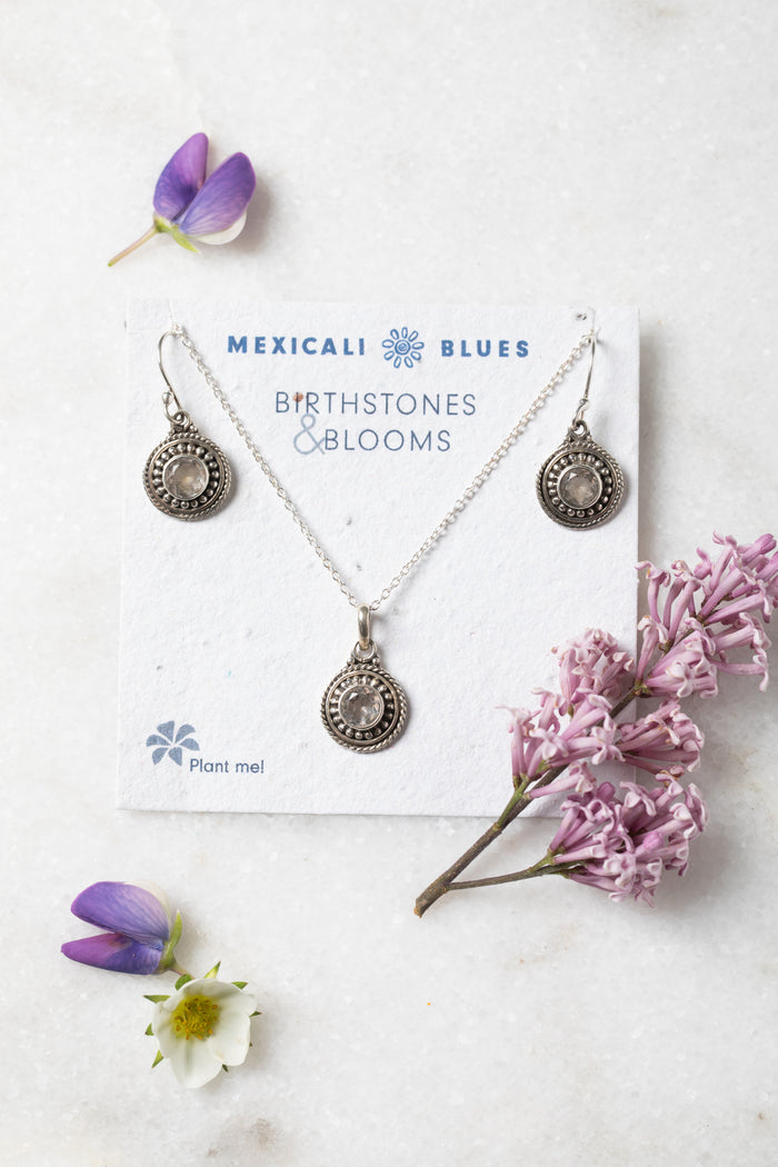 Birthstones and Blooms Gift Set shown is month April and stone Quartz