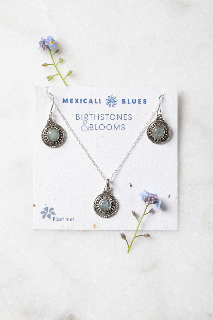 Birthstones and Blooms Gift Set shown is month March and stone Aquamarine