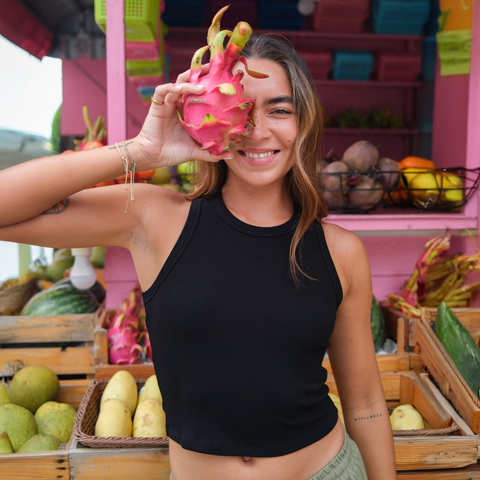 Black Cropped Rio Racerback Ribbed Tank, worn at the fruit stand