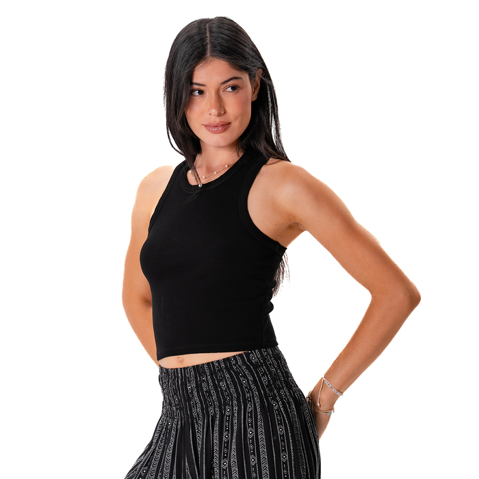 Black Cropped Rio Racerback Ribbed Tank, front, hand on hip