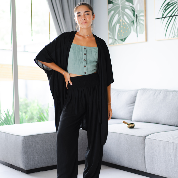 Black Kimono, worn with hand on hip