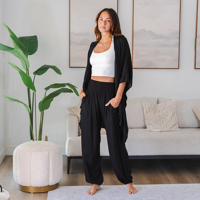 Black Kimono, worn with harem pants