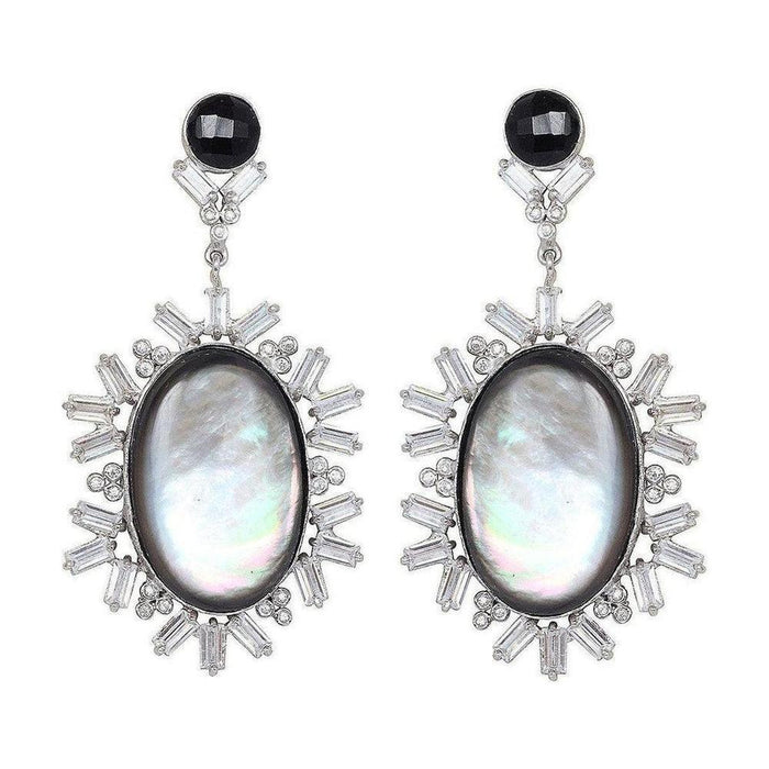 Elegant black onyx and mother-of-pearl earrings with baguette-cut cubic zirconia accents.