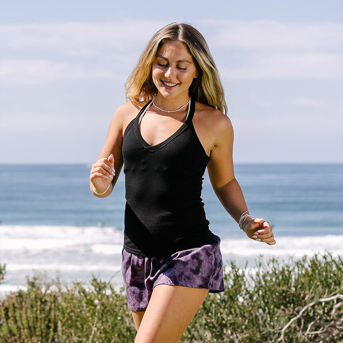 Black Riviera Tank, worn on the beach