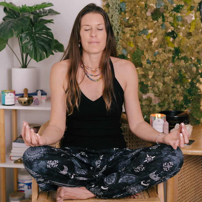 Black Riviera Tank, worn meditating