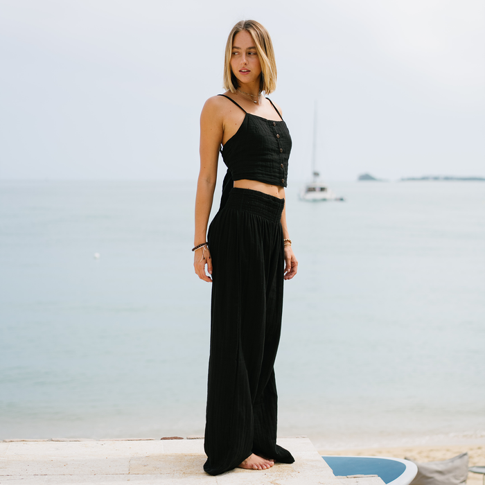 Black Wide Leg Cotton Pants, worn on the beach