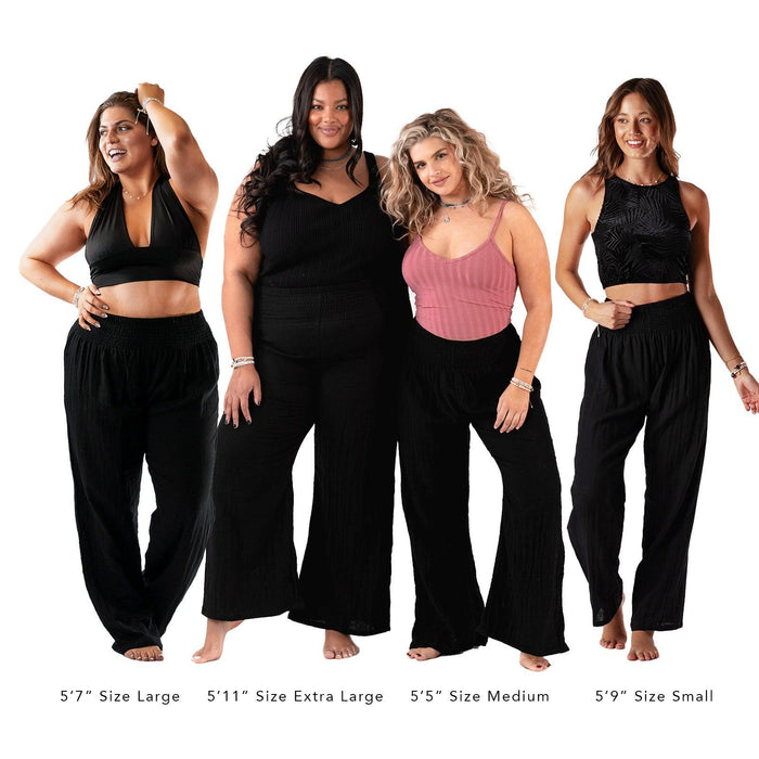 Petite Black cotton gauze Pants and curve Black cotton gauze Pants.