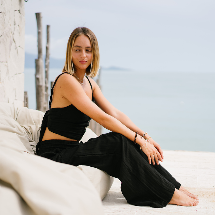 Black Wide Leg Cotton Pants, worn seated