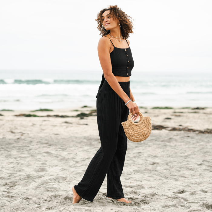 Black Wide Leg Cotton Pants, worn walking with basket