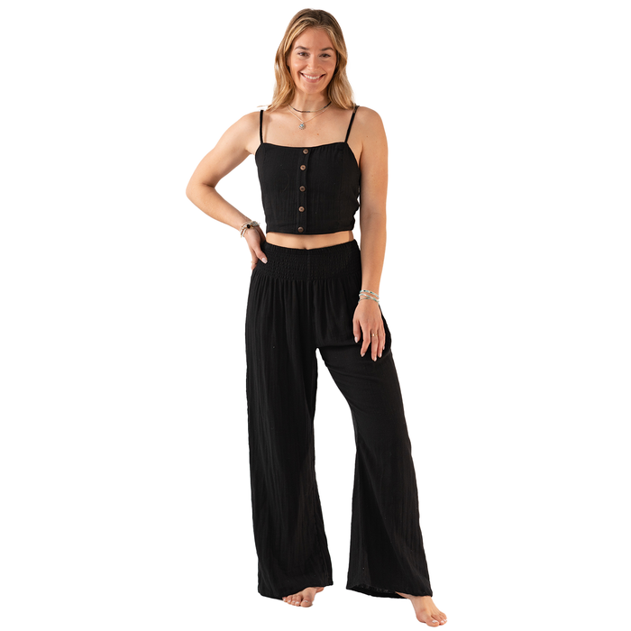 Black Wide Leg Cotton Pants, front, standing