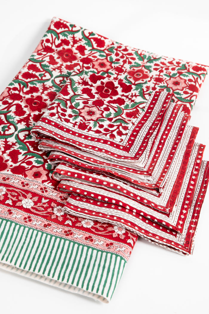 Block Print Napkin and Tablecloth Set in Festive Floral