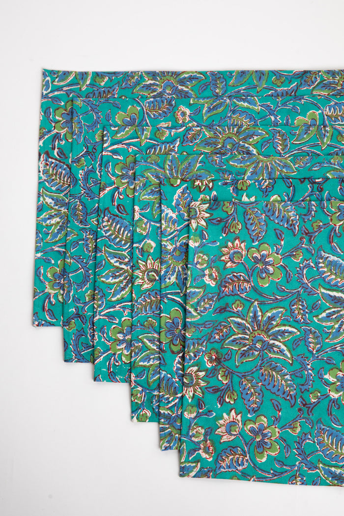 Turquoise floral block print placemat set of 6 cotton placemats