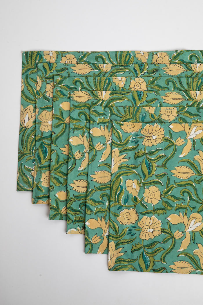 Aquamarine floral block print placemat set of 6 cotton placemats