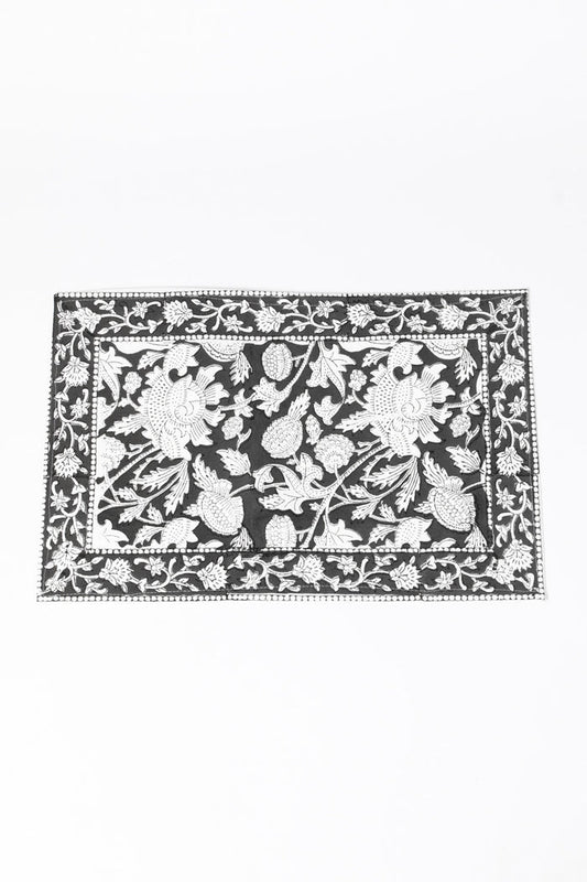 Block print placemat in monochrome grove