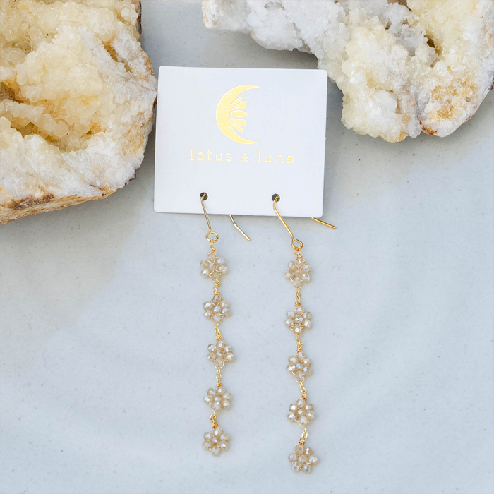 Blossom Earrings, flat lay with geodes