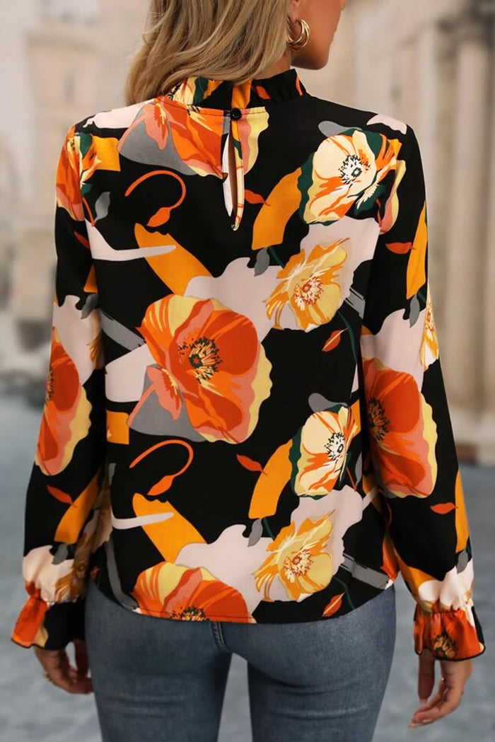 Blouse noire à col montant et imprimé floral-A WOMAN WE LOVE
