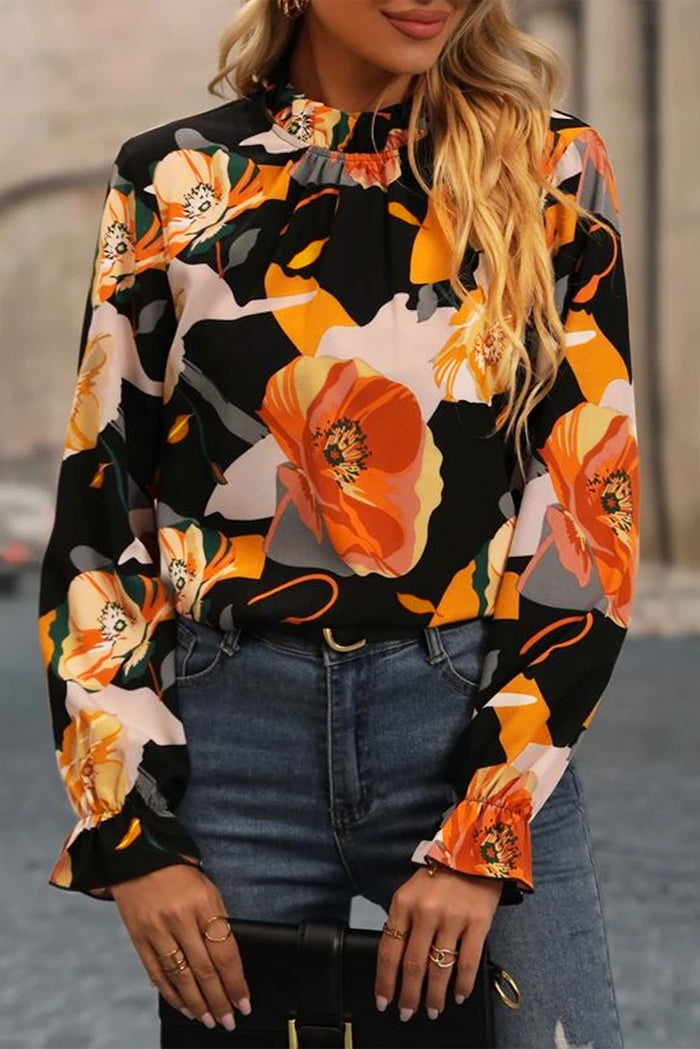 Blouse noire à col montant et imprimé floral-A WOMAN WE LOVE