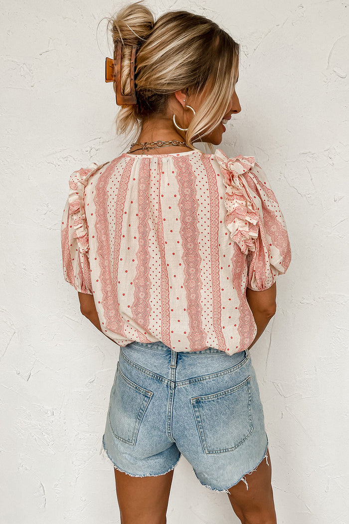 Blouse rouge à volants et manches courtes bouffantes à imprimé mixte-A WOMAN WE LOVE