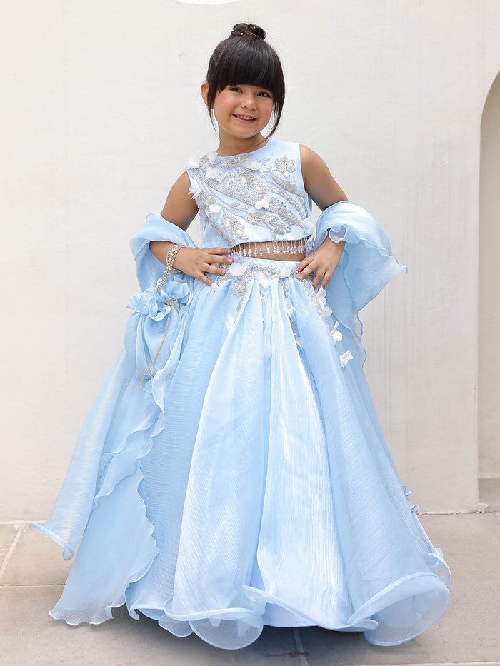 Blue Embroidered Kids Festive Lehenga Set